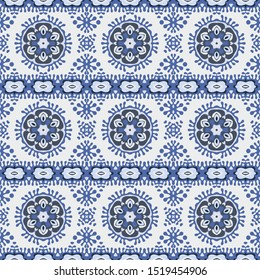 Horizontal seamless pattern in blue winter design. Ethnic textile print. Vector fashion background. 