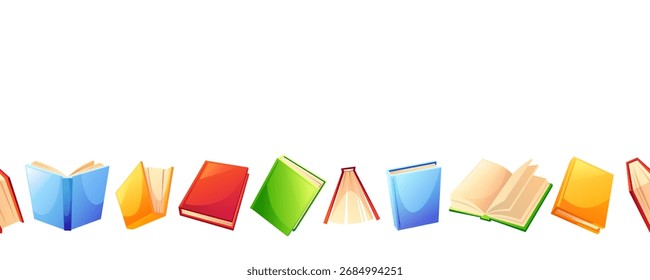 A horizontal seamless pattern of books in various colors, with open and closed books in various positions. A vibrant design, perfect for a bookstore, library, literary event, or in store sales.