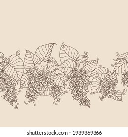 horizontal seamless pattern, branch of lilac with flowers and leaves, for ornaments, decorative frames, borders, color vector illustration with contour lines on a white background in hand drawn style