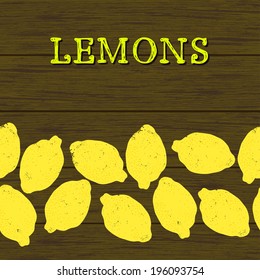 Horizontal seamless pattern with bright grunge textured lemons. Dark wooden background.