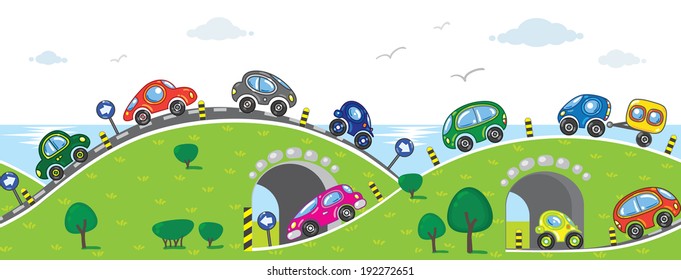 Horizontal seamless pattern with cars, going to the sea with lifts, slopes and arches