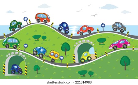 Horizontal seamless pattern with cars, going to the sea with lifts, slopes and arches