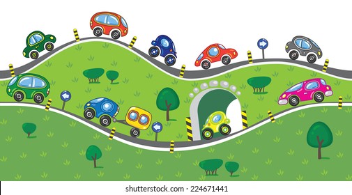 Horizontal seamless pattern with cars, going to the sea, with lifts, slopes and arches