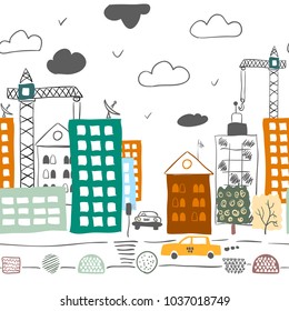 Horizontal seamless pattern with cartoon buildings. Vector illustration.