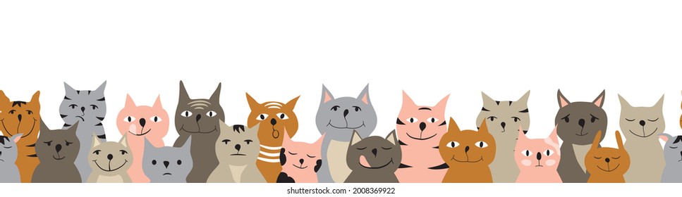 Horizontal seamless pattern with colorful cats. Ginger, grey and pink cats with different facial expressions. Design for frames or borders. Vector illustration in doodle style