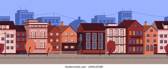 Horizontal nahtloses Muster mit buntem Stadtbild. Städtische Landschaft mit Wohnhäusern. Moderne europäische Straße, Vorstadt. Vektorillustration-Illustration im flachen Cartoon-Stil