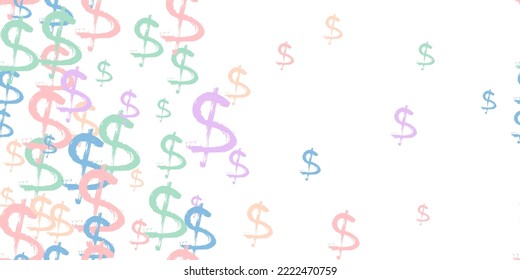 Horizontal Seamless Pattern of the colorful symbols of dollar currency on white. Design background with signs of dollars. The pattern can be used for your ad, poster, banner of USD money. Vector