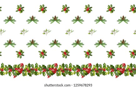 Horizontal seamless pattern with cone, fir branches, Holly, poinsettia, caramel cane, mistletoe. Traditional christmas symbols. Vector hand drawing illustration. For festive design, fabrics, Wallpaper