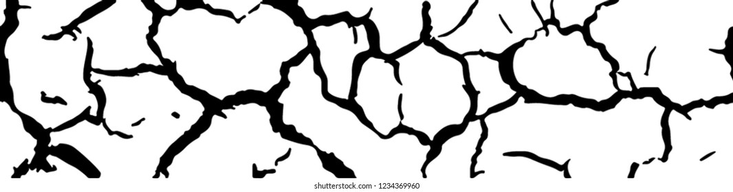 Horizontal seamless pattern. Cracked earth. Broken shell. Black and white drawing. Black cracks on white background. Dried desert.
