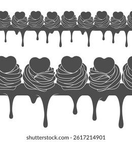 Horizontal seamless pattern with cream cake decorated with hearts. Vector black and white background.