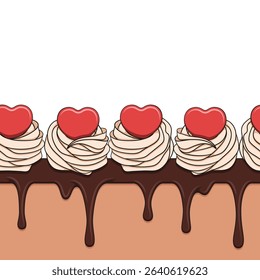 Horizontal seamless pattern with cream cake decorated with hearts. Vector color background.