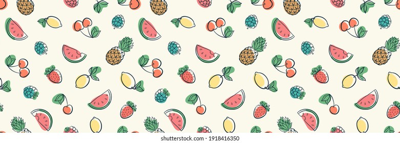 Horizontal seamless pattern with cute doodle fruits sketch. Hand drawn trendy background. design background greeting cards, invitations, fabric and textile, banner for website.