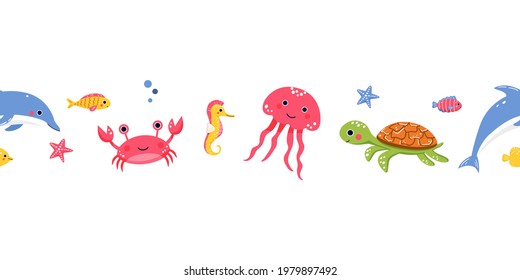 Horizontal seamless pattern with cute sea animals - turtle, jellyfish, dolphin, crab, seahorse and fishes. Kawaii kids illustration for decorating or printing on any surface. Vector
