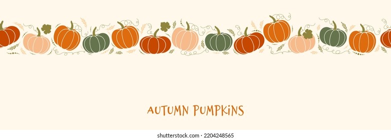 Horizontal seamless pattern, cute squash. Vector illustration with cozy pumpkins. Thanksgiving background for linen, textiles, banner. Halloween party with gourds. Hygge design