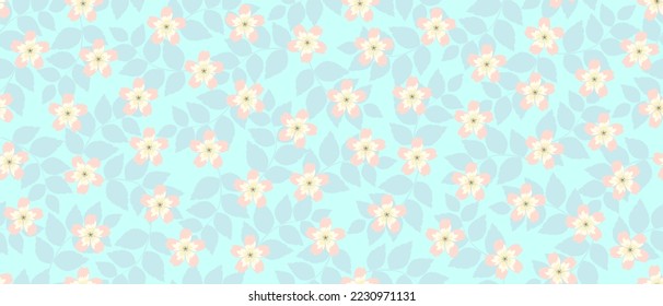 Horizontal seamless pattern in delicate pastel colors with the image of wildflowers on a background of leaf shadows on a pale blue background. It is well suited for wallpaper, textiles, paper