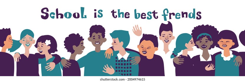 Horizontal seamless pattern depicting happy children, teenagers. Communicating, laughing schoolchildren, teenagers, boys and girls of different races. Flat cartoon vector illustration