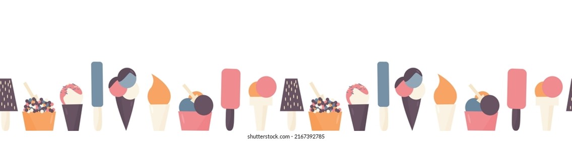 Horizontal seamless pattern with different kinds of ice cream. Vector illustration. Flat design