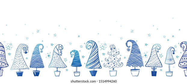Horizontal seamless pattern with doodle christmas trees. Can be used for wallpaper, pattern fills, textile, web page background, surface textures.