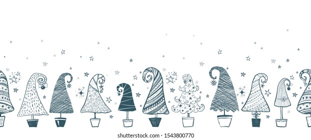 Horizontal seamless pattern with doodle christmas trees. Can be used for wallpaper, pattern fills, textile, web page background, surface textures.