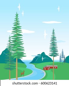 Horizontal seamless pattern, drawing of northern summer landscape, fjord, a river, Scandinavian house, pines, mountains, flying seagulls, roe, clouds, forest. Color vector set isolated on background.