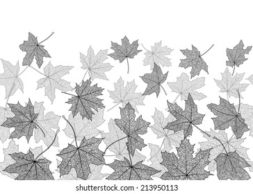 Horizontal seamless pattern of  dry autumn maple leaves silhouettes, vector illustration.