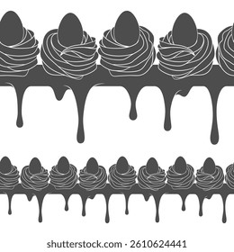 Horizontal seamless pattern with Easter cream cake decorated with eggs. Vector black and white background.