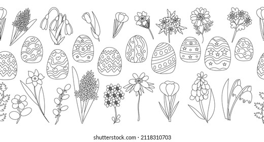 Horizontal seamless pattern with Easter eggs and spring flowers in doodle style. Beautiful spring festive black and white linear background with flowers and eggs