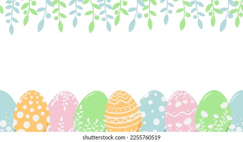 Horizontal seamless pattern with Easter eggs and vegetation. Spring illustration for Easter holiday. Flat style vector image.