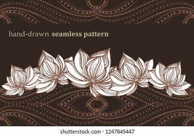horizontal seamless pattern, in ethnic style, with an ornament and lotus flowers, hand drawing, vector eps 10