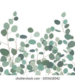 Horizontal seamless pattern with eucalyptus. Floral ornament with silver dollar eucalyptus branches. Elegant design for bedding textile, cards, borders. Vector