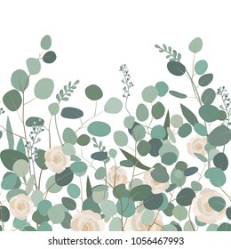 Horizontal seamless pattern with eucalyptus. Floral ornament with silver dollar eucalyptus branches and roses.