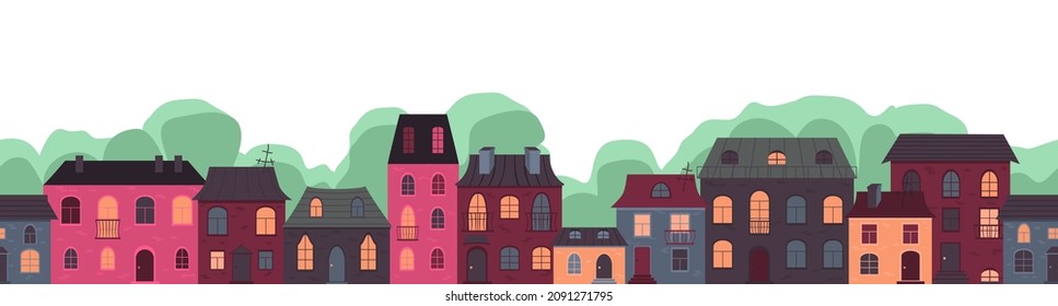 Horizontal seamless pattern with facades of houses. City street. Green trees in the background. Design for frames or borders. Vector illustration in flat style