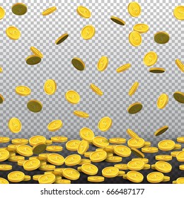 Horizontal seamless pattern with falling golden coins on transparent background.
