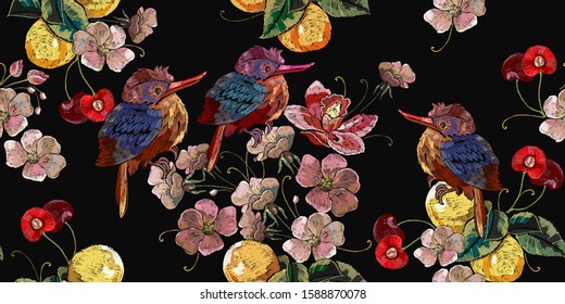 Horizontal seamless pattern. Fashion clothes template, t-shirt design. Blossom cherry flowers, tropicals birds and lemons