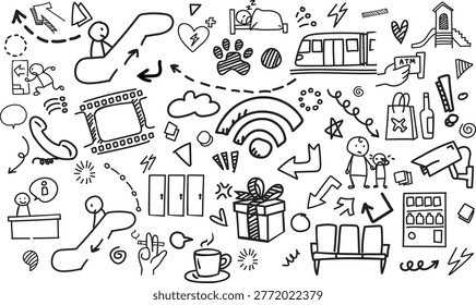 A horizontal seamless pattern featuring leisure icons like movie theaters, coffee stations, gift boxes, and hotel wayfinding. Ideal for tourism brochures and leisure center branding.