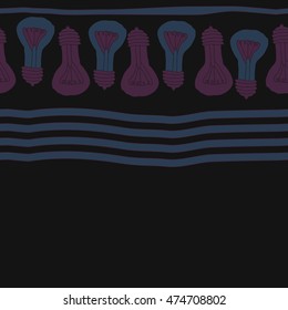 Horizontal  seamless pattern with filament lamps , doodles,   striped. Hand drawn.