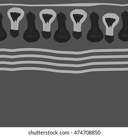 Horizontal  seamless pattern with filament lamps , doodles,   striped. Hand drawn.