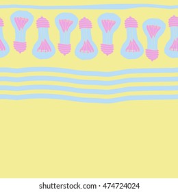Horizontal  seamless pattern with filament lamps , doodles,   striped. Hand drawn.