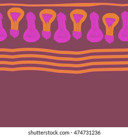Horizontal  seamless pattern with filament lamps , doodles,   striped. Hand drawn.
