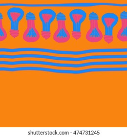 Horizontal  seamless pattern with filament lamps , doodles,   striped. Hand drawn.