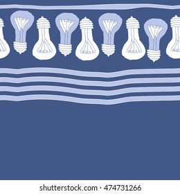 Horizontal  seamless pattern with filament lamps , doodles,   striped. Hand drawn.