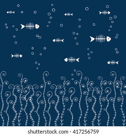 Horizontal seamless pattern with fish bones and abstract seaweeds. Vector doodle background. 