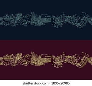 Horizontal seamless pattern. Fish fillets of cod, salmon, flounder. Delicious seafood. Restaurant menu decoration. Color vector illustration on purple & blue background in a doodle & hand drawn style.