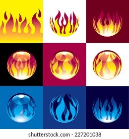 Horizontal seamless pattern of flame. Different fireballs and flames. Eps8. CMYK. Organized by layers. Global colors. Gradients used.