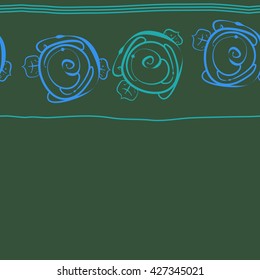 Horizontal seamless  pattern of floral motif, stylized rosy, spirals, leaves,stripes,  hole, copy space. Hand drawn.