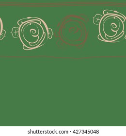 Horizontal seamless  pattern of floral motif, stylized rosy, spirals, leaves,stripes,  hole, copy space. Hand drawn.