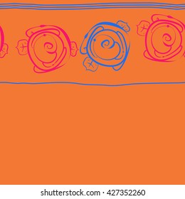 Horizontal seamless  pattern of floral motif, stylized rosy, spirals, leaves,stripes,  hole, copy space. Hand drawn.