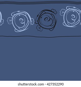 Horizontal seamless  pattern of floral motif, stylized rosy, spirals, leaves,stripes,  hole, copy space. Hand drawn.