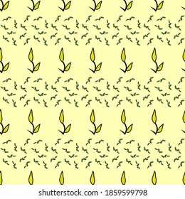 Horizontal seamless pattern of floral motifs, doodles, object, leaves, stripes, copy space. Hand drawn endless ornate.