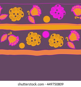 Horizontal seamless pattern of floral motifs, doodles,  object,leaves, flowers, spirals, ellipses, bell, stripes, spot, copy space. Hand drawn.